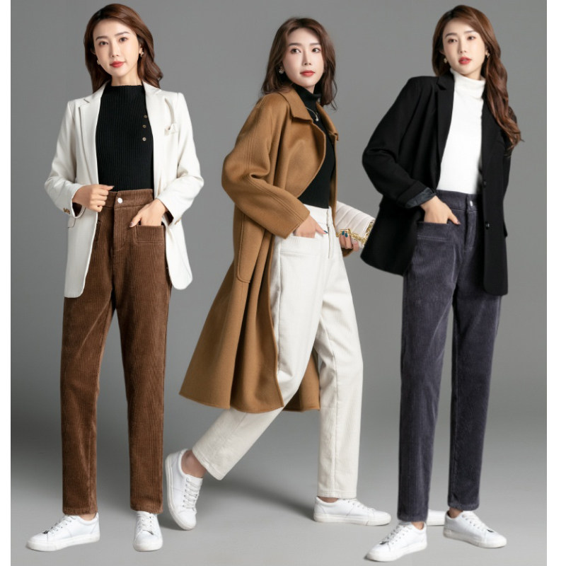 Lamp Wick Suede Pants Woman Straight Drum Pants Winter Tightness Waist High Waist Plus Suede Thickened Coffee Color Strips Suede Kharen Casual Long Pants