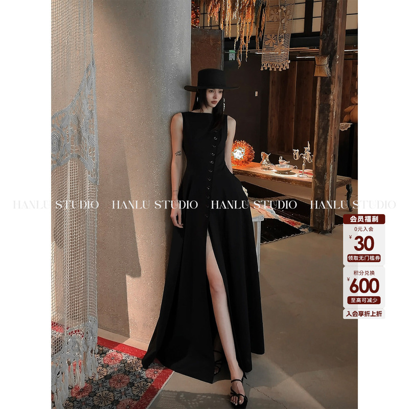 Hanlu Studio Brand Lyocell Sleeveless Dress with Bias-Cut Single-Breasted Waist-Cinching Draped Little Black Dress Long Dress Hanlu Studio Brand Lyocell Sleeveless Dress with Bias-Cut Single-Breasted Waist-Cinching Draped Little Black Dress Long Dress