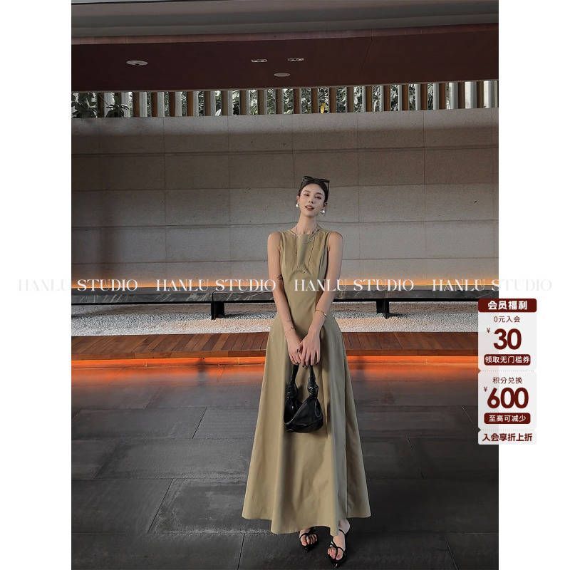 Hanlu Studio Brand Khaki Cotton-Like Waist-Cinching Design Patchwork 100% Mulberry Silk Sheer Long Dress
