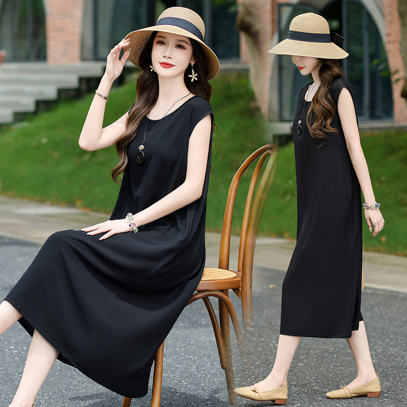 Trendy Casual Sleeveless Tank Dress for Women, Summer Black A-Line Long Dress, High-End Resort Style Cotton Silk Dress