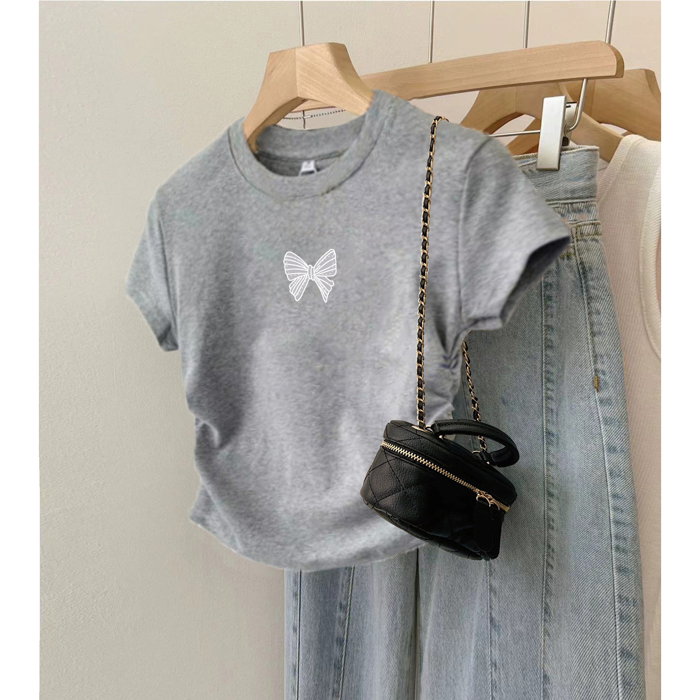 女の子用リボン付き半袖Tシャツ、純綿、2026年新作夏物子供用半袖女の子用超かわいいショートトップス