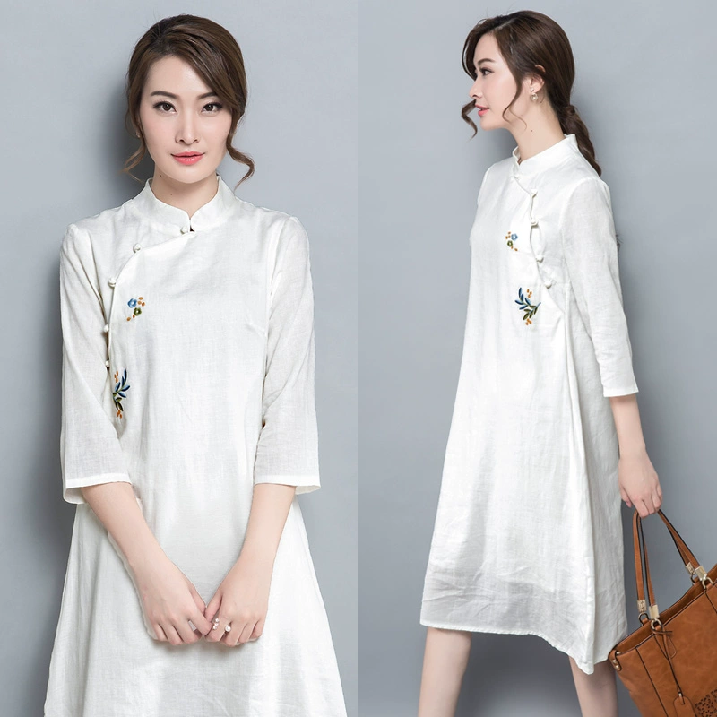 2020 mùa xuân mới phong cách Trung Quốc cotton và lanh phụ nữ retro văn học thêu vải lanh XL phục vụ trà phụ nữ - Váy eo cao