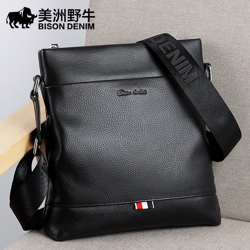 Americas Bison Bull Single Shoulder Bag Men Genuine Leather Business Vertical head Bull Leather Men's Bag Han Edition Casual Men's Bag Slanted Satchel