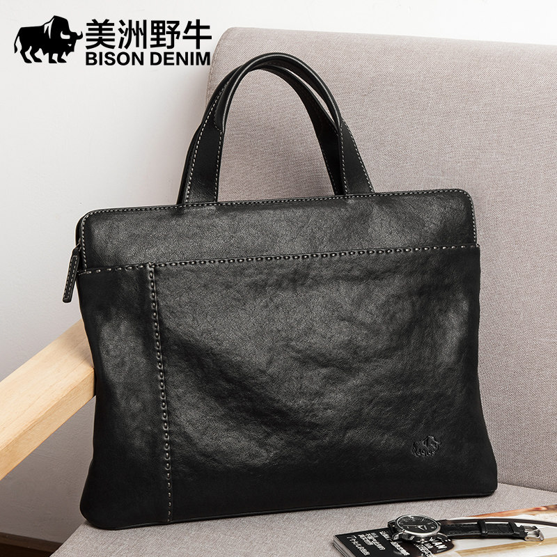 American bison leather men's bag business men's handbag cowhide Korean version horizontal briefcase casual men's bag