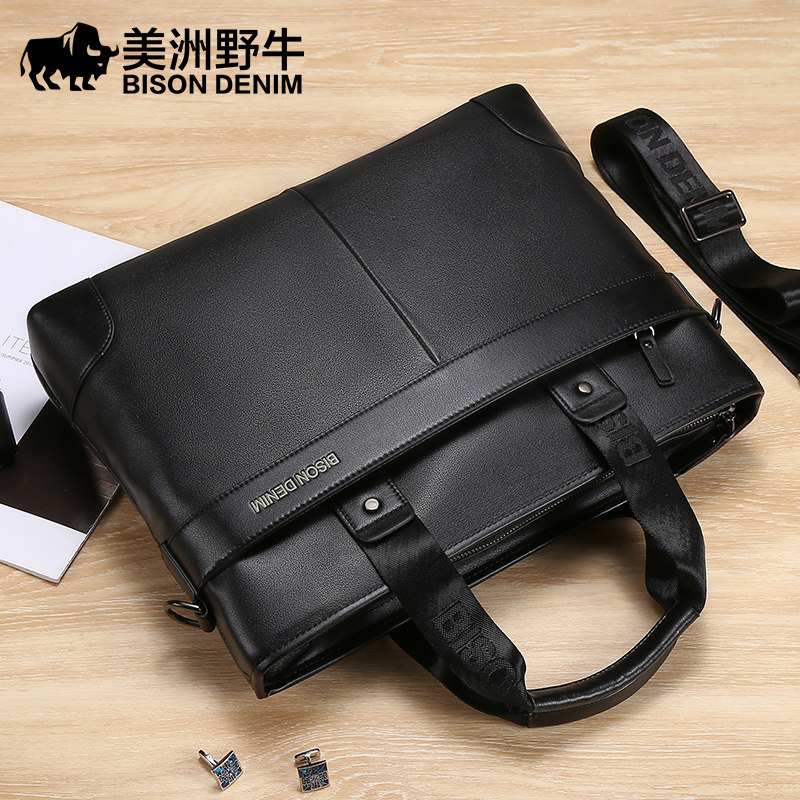 Americas Bison Bull Briefcase Male Handbag Genuine Leather Male Baotou Layer Cow Leather Casual Single Shoulder Inclined Satchel Business Bag