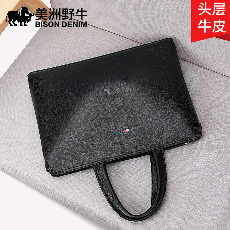 American bison handbag men's leather business travel large-capacity first layer cowhide computer bag briefcase men's bag