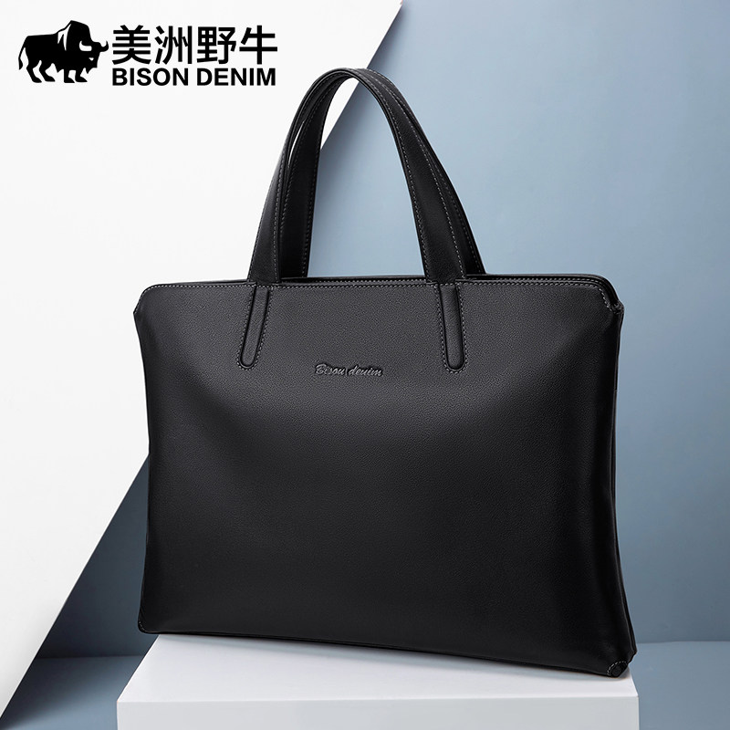 American bison leather briefcase men's business simple first layer cowhide men's computer bag horizontal handbag men