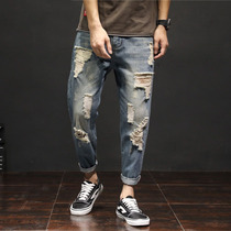 Tide brand hole beggar jeans men loose size personality Street straight trend Joker ankle-length pants casual pants