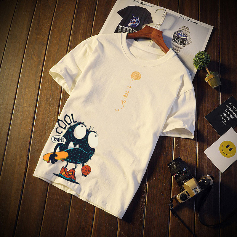 Tide brand cartoon printing round neck short-sleeved T-shirt men's summer Port trend pure cotton half sleeve loose large size top ins