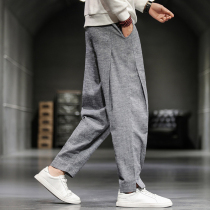 Tide brand linen pants mens summer thin Korean version of the trend loose straight tube size breathable quick-drying small foot casual pants kz