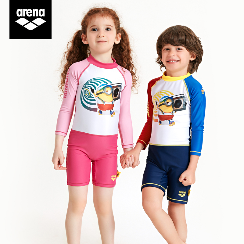 arena arena Arina little yellow children's conjoined five-point swimsuit boys and girls long sleeve sunscreen cartoon printing quick-drying