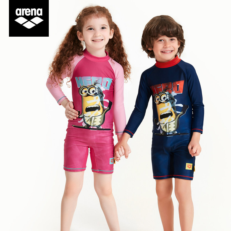 arena arena Arina little yellow children's conjoined five-point swimsuit boys and girls long sleeve sunscreen cartoon printing quick-drying