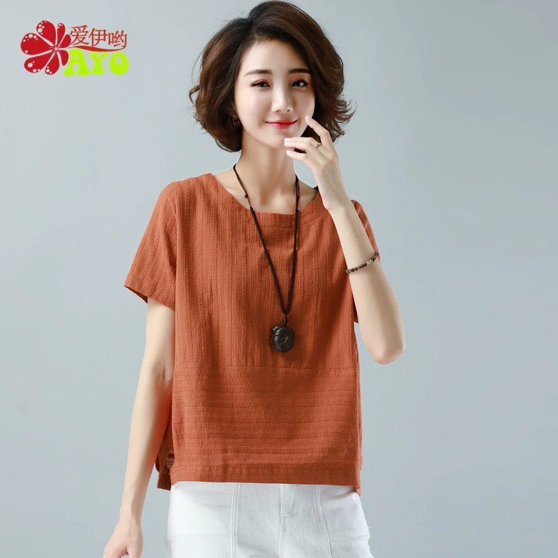 Chất liệu cotton và vải lanh retro dành cho phụ nữ trung niên Áo ngắn tay mùa hè rộng rãi hoang dã lanh nhỏ áo sơ mi ngắn - Cộng với kích thước quần áo