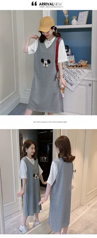 Váy bà bầu mùa hè cotton cộng với kích thước giả áo hai mảnh váy bà bầu mùa hè thời trang phương tây áo thun rộng - Áo thai sản
