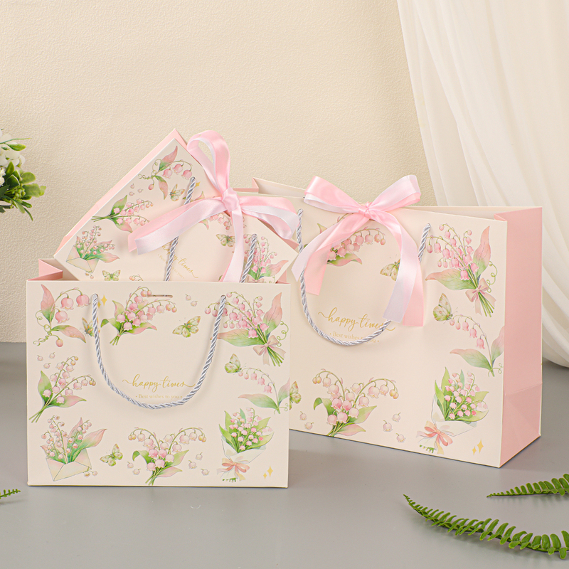 New Lily of the Valley Gift Bag, Fresh Printed Tote Bag with Bow Tie, Cross-Border Paper Bag, High-End Gift Bag