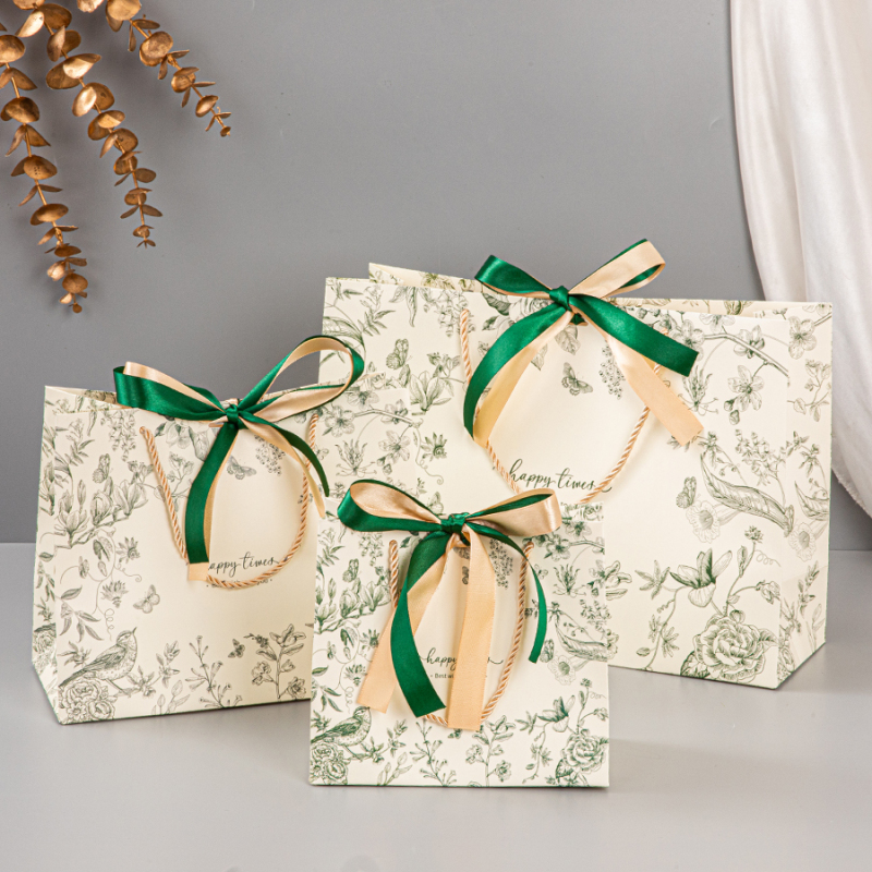 New Gift Bag, Retro Pattern, Two-Color Bow Handbag, Holiday Packaging Gift Bag, Souvenir Clothing Paper Bag