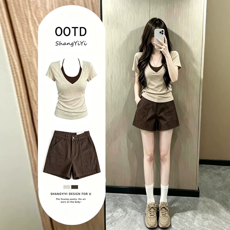 Korean Style Fake Two-Piece Suit for Women, Summer Slim Fit V-Neck Denim Shorts Two-Piece Set, Casual Outfit for Petite Women
