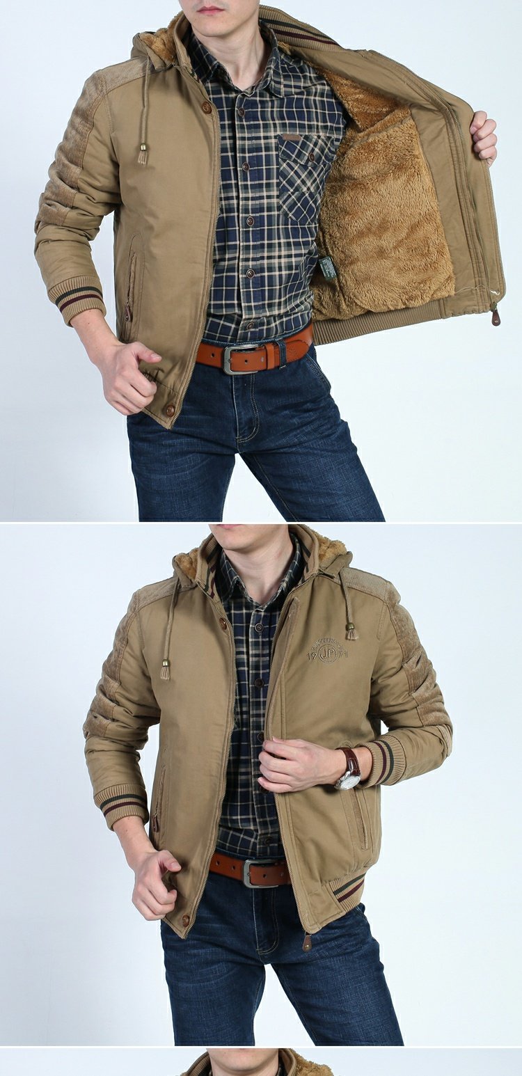 Xe jeep mùa đông cộng với áo khoác nhung đệm áo khoác nam mùa đông ngắn đoạn áo khoác cotton ấm với áo trùm đầu bằng vải cotton áo kaki nam