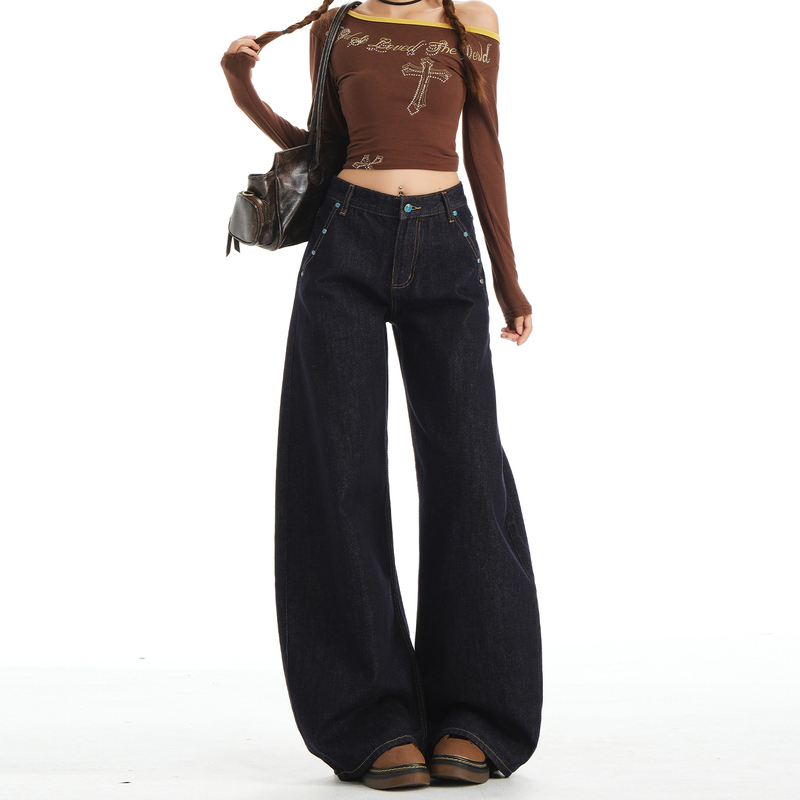 Denim Original Color Wide-Leg Jeans for Women 2026 New American Retro Style with Colorful Stone Beads, Loose and Versatile Straight-Leg Pants Denim Original Color Wide-Leg Jeans for Women 2026 New American Retro Style with Colorful Stone Beads, Loose and Versatile Straight-Leg Pants