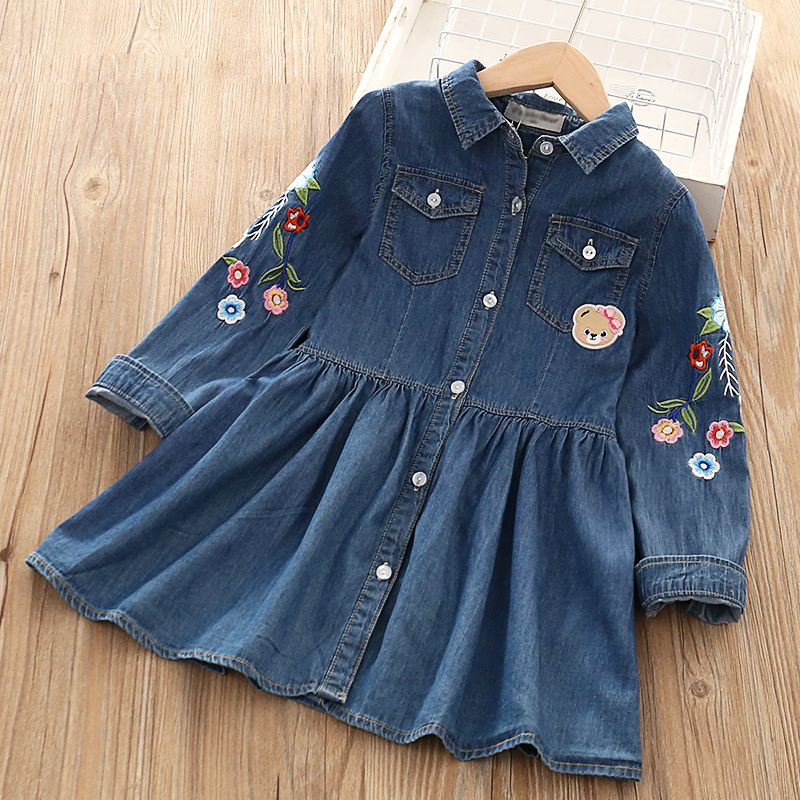 Girl Long Sleeve Foreign Dress Denim Dress Spring Autumn Shirt Pure Cotton Blue Small Bear Mark Baby Autumn Dress Foreign Princess Dress