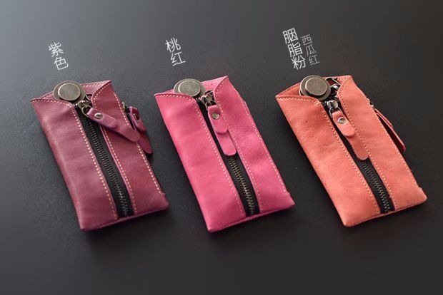 Túi xách mini khóa da cá tính Hàn Quốc dễ thương lớp da bò đầu tiên đơn giản sáng tạo nam nữ siêu mỏng thay đổi gói thẻ móc khóa sen
