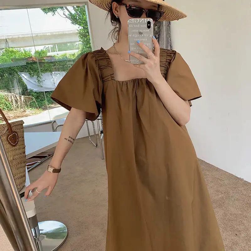 Square Collar Dress for Women Summer 2023 New Resort Style Fungus Lace-Up Mid-Length Loose Short-Sleeved Skirt for Women