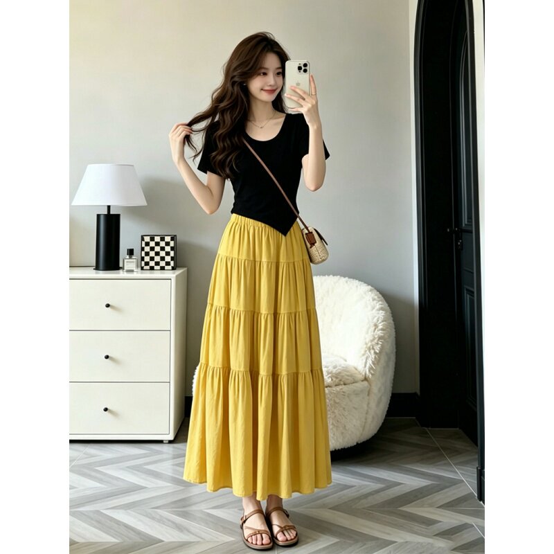 Hot-Selling Youthful and Stylish Women's Outfit Set 2026 Summer New Arrivals: Back-Tie Short-Sleeve Yellow Skirt Two-Piece Set