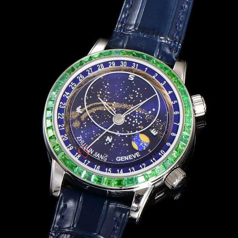 Fashionable Casual Men's Automatic Mechanical Watch with Diamond-Encrusted Starry Sky Design, Galaxy Calendar, Luminous Features, Trendy and Waterproof