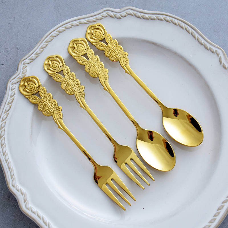 304 Stainless Steel Home Light Lavish Golden Coffee Stirring Spoon Three Teeth Cake Fork Cake Fork Rose Handle Cold Drink Spoon