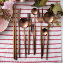 YIMIVIVIAN MATT ROSE GOLD PORTUGUESE NET RED STEAK KNIFE FORK SPOON CHOPSTICKS WESTERN MEAL LONG HANDLE COFFEE SPOON