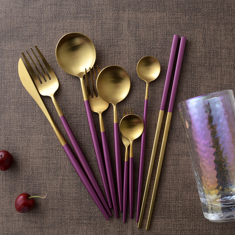 YIMIVIVIAN VIOLET GOLD STEAK Knife Fork Spoon Chopsticks for Home Western Meals Full Set Of Nets Red Photo