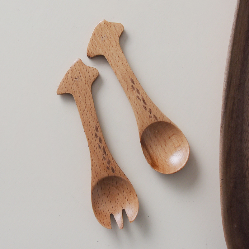 Solid Wood Cartoon Animal Spoon Creative Beech Wood Child Fork Spoon Fruit Fork Sweet Ice Cream Spoon Small Wooden Fork