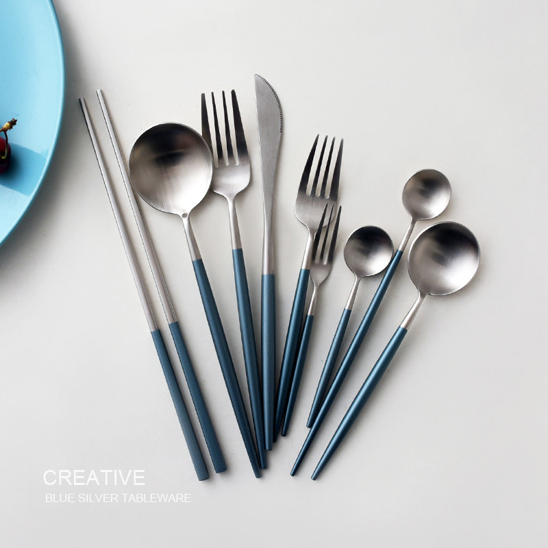 YIMIVIVIAN fashion blue silver 304 stainless steel steak knife fork spoon creative dessert spoon chopsticks western tableware