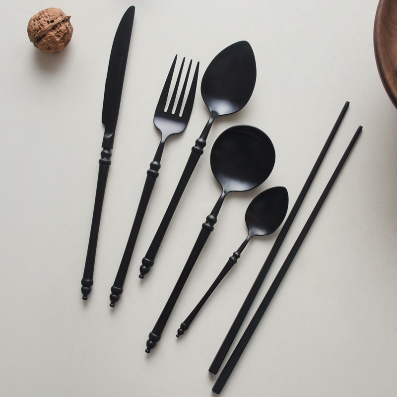 304 stainless steel black West cutlery Japanese style bamboo steak knife fork set of soup spoon chopsticks Two sets of three sets