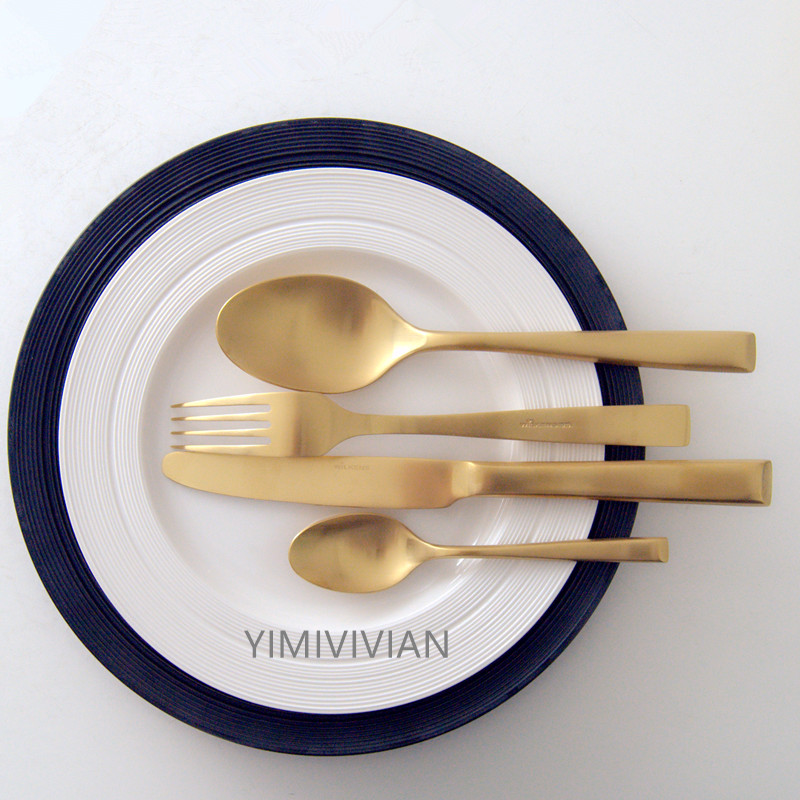 German Quality Wire Drawing Gold 304 Stainless Steel Cutlery Steak Knife Fork Spoon Fruit Fork Jam Knife Stirring Spoon