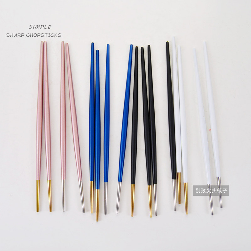 Portuguese Cherry Blossom Pink Black & White Handle Gold Chopsticks Ins Photo Props 304 Stainless Steel Pointed Chopstick Day Style Home