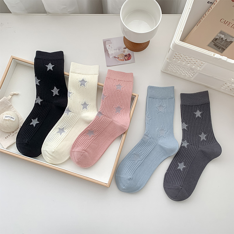 Casually Browse White Socks for Women, Autumn and Winter, Five-Pointed Star Mid-Calf Socks, Combed Cotton, Sweat-Absorbent, Seamless Long Socks, Trendy Casually Browse White Socks for Women, Autumn and Winter, Five-Pointed Star Mid-Calf Socks, Combed Cotton, Sweat-Absorbent, Seamless Long Socks, Trendy