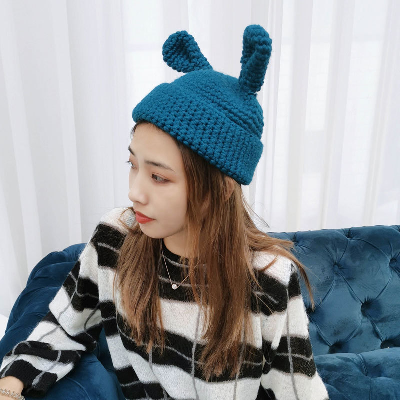 Ay, hat day is sweet cute rabbit ear coarse knitted wool hat hand-woven warm cap