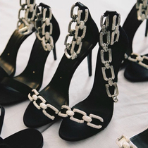 Niche blingbling beauty burst sparkling rhinestone chain word belt high-heeled sandals