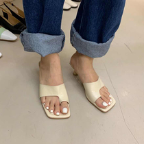 2020 new Korean square head open toe high heel sandals womens summer thin heel clip toe rear empty high heels fairy single shoes tide