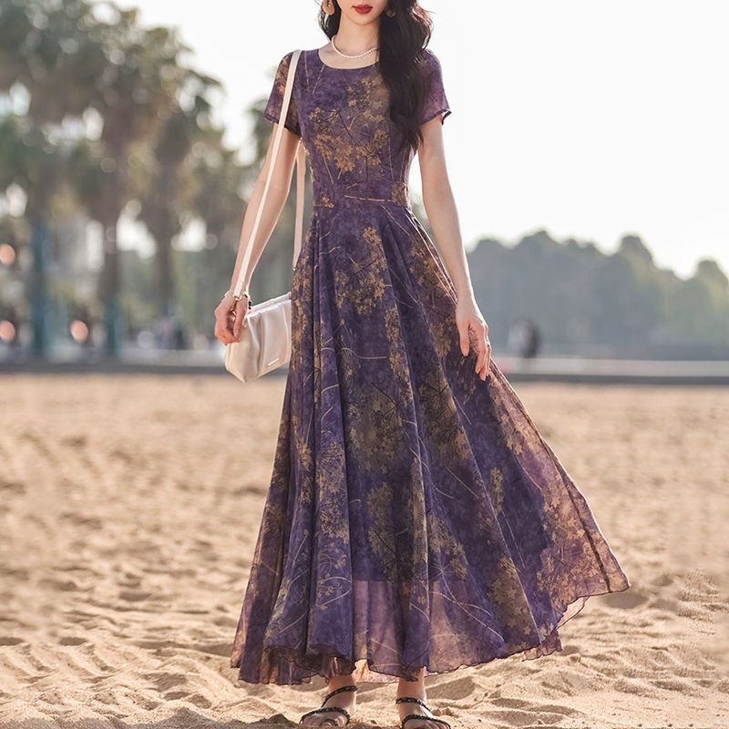 2026 Summer New Style Elegant Lady Silk Dress Floral Slim Fit Flared Long Dress
