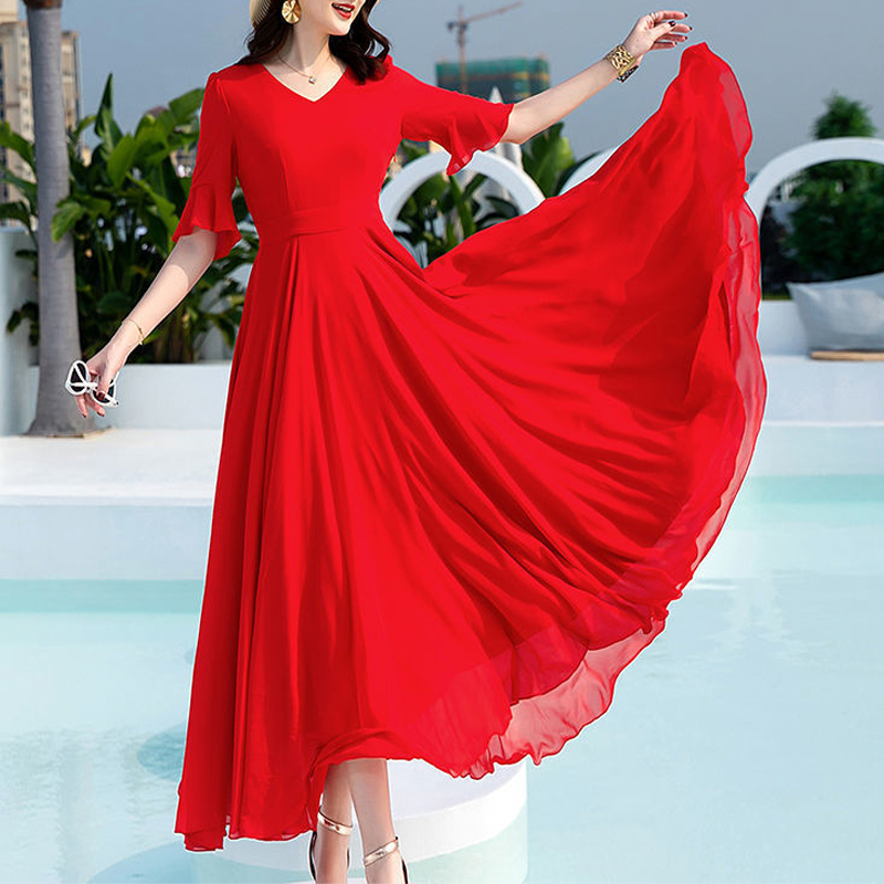 2026 Summer New Fashionable and Elegant Mother's Age-Reducing Silk Dress Slim Fit Flared Long Dress