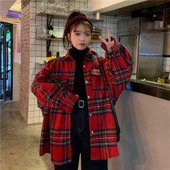 Real price real shot Korean version lazy Plaid color matching loose show thin versatile Lapel fabric coat female