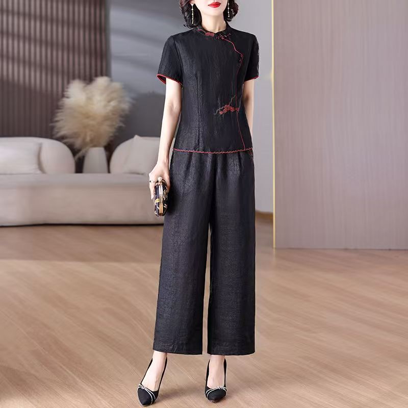 Maxmurny Light Luxury Summer New Style National Style Retro Xiangyun Silk Stand Collar Short-Sleeve Wide-Leg Pants Two-Piece Fashion Set