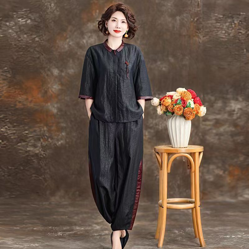 Maxmurny Light Luxury Summer New Style Fragrant Cloud Silk National Style Buckle Retro Elegant Age-Reducing Loose Fashion Suit
