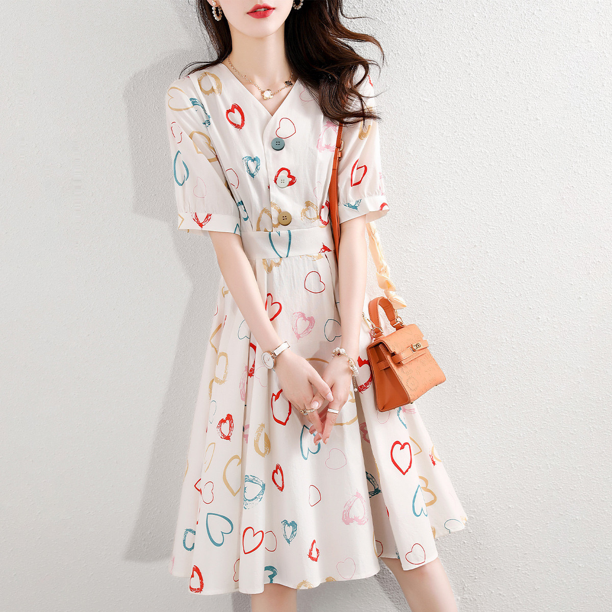 Brand short sleeve dress, skirt, V-neckline