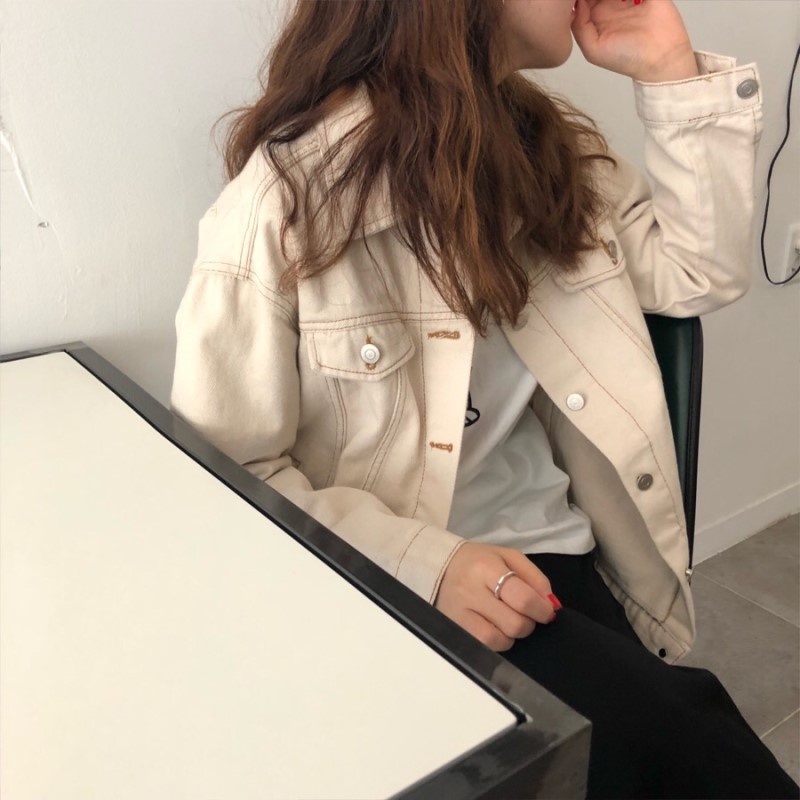 2019 mùa xuân ulzzang lỏng retro áo khoác denim màu be hoang dã nữ sinh viên áo khoác ngắn shop đồ nữ