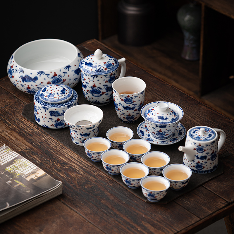 Kung fu tea set set of green flower porcelain household Chinese high-end office cup cup cup gift box set