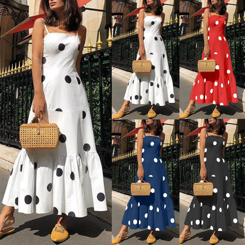 WISH nổ mô hình mùa hè 2019 phong cách mới châu Âu và Mỹ phụ nữ gợi cảm ống top polka dot treo trang phục kỳ nghỉ - Váy dài