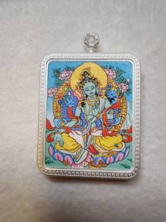 Regong tibetan pure hand-painted green tara thangka pendant 4x5cm
